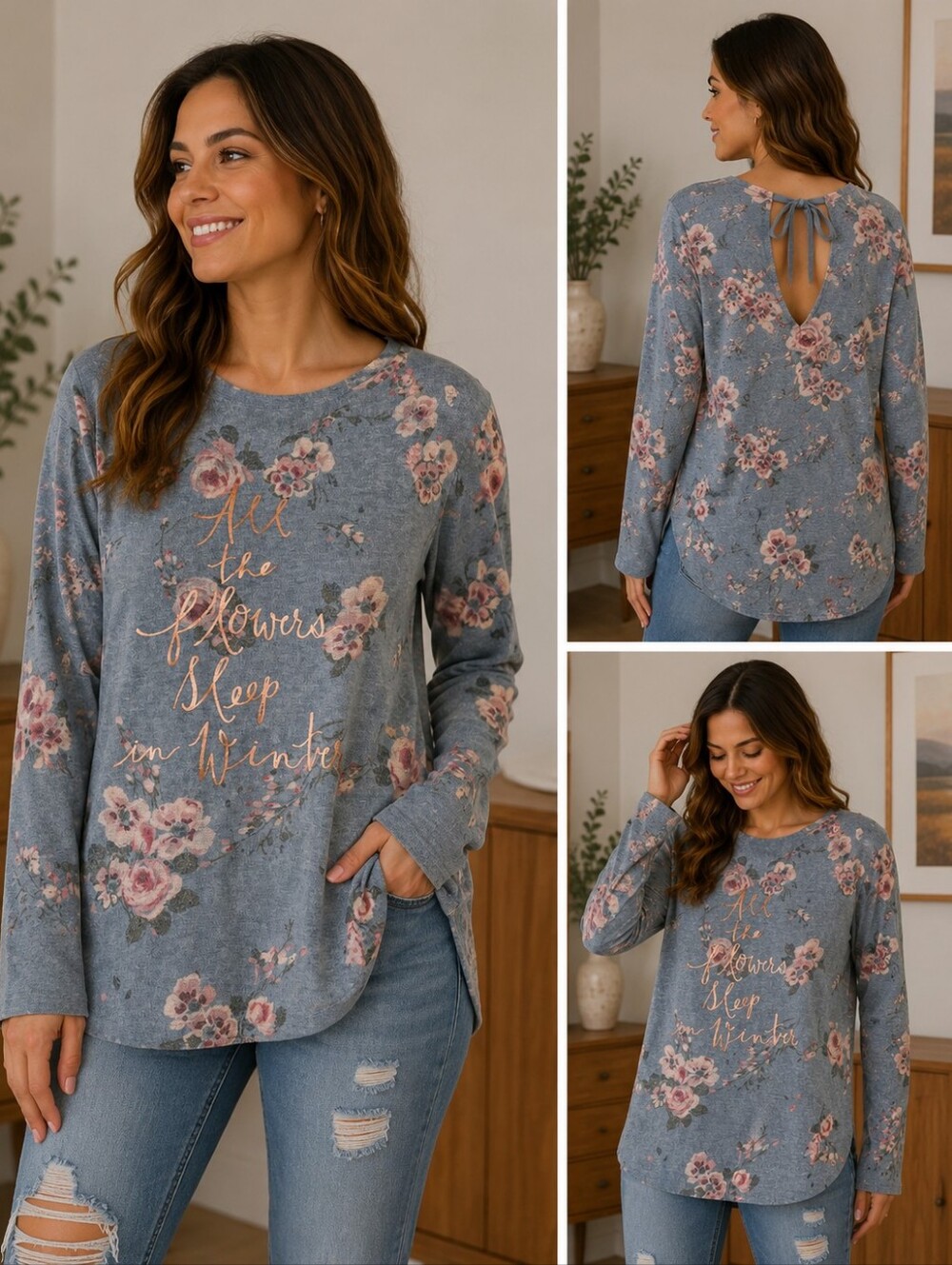 Disney Blue Floral Long Sleeve Kids Tee